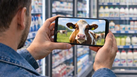 Matkapuhelimessa lehmän kuva maitokaappien edessä
