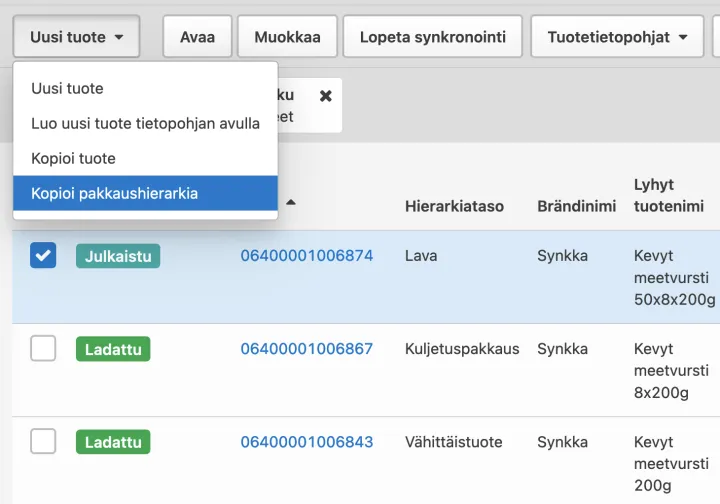 Miten kopioida kerralla koko pakkaushierarkia