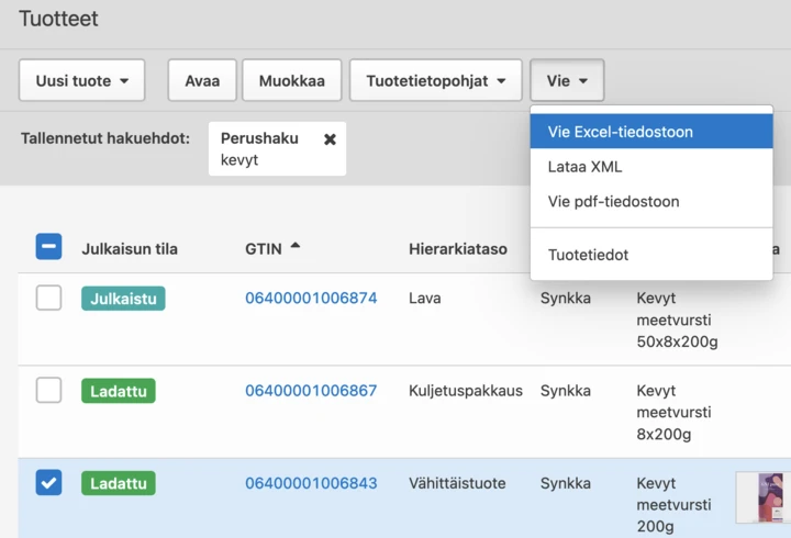 Valitse tuotteet excel-pohjalle