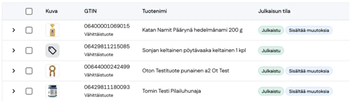 Kuvakaappaus julkaisematon muutos tuotelistalla