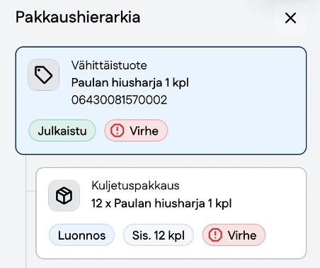 Kuvakaappaus tuotekorttien tiedot