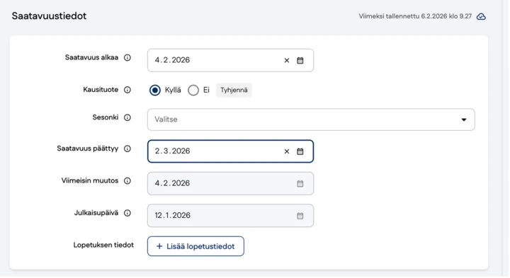 Kuvakaappaus kausituotteen saatavuus