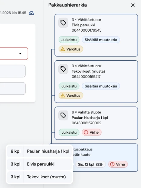 Kuvakaappaus sekapakkauksen määrän esittäminen