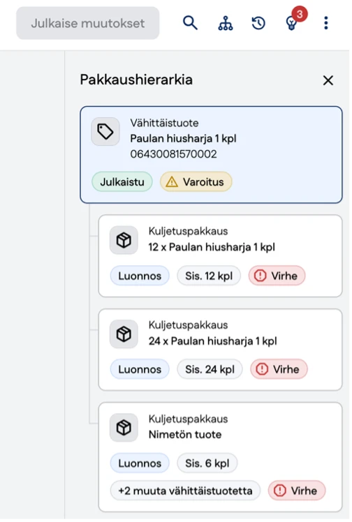 Kuvakaappaus pakkaushierarkian navigaationäkymästä