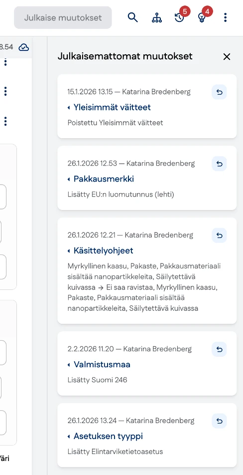 Kuvakaappaus sisältää muutoksia listaus