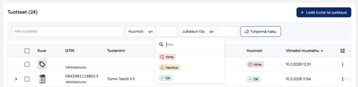 Kuvakaappaus tuotelistauksen suodatuksesta