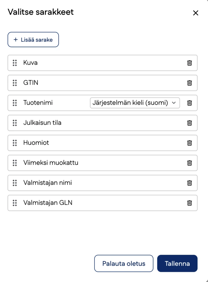 Kuvakaappaus tuotelistauksen sarakevalinnasta