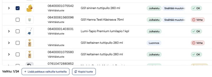Kuvakaappaus tuotelistauksen toiminnoista