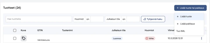 Kuvakaappaus tuotteen lisääminen