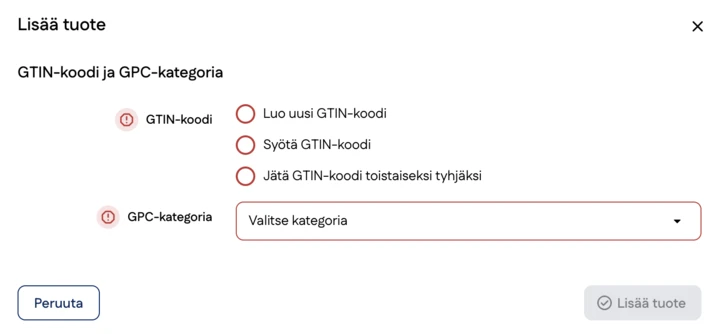 Kuvakaappaus GTIN-koodin lisääminen tuotteelle