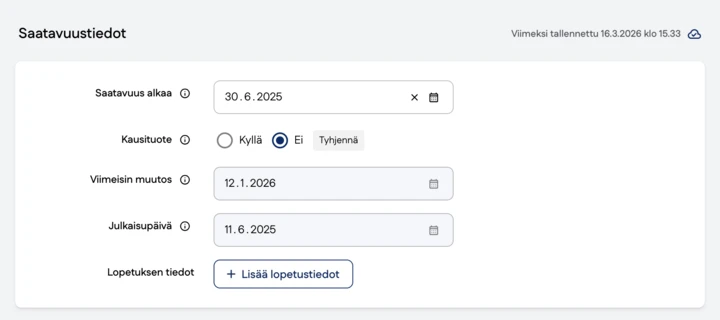 Kuvakaappaus lopetuspäivämäärät