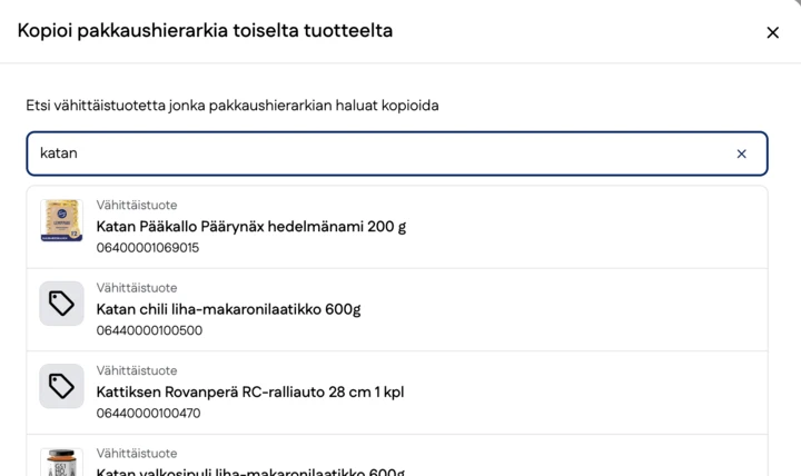 Kuvakaappaus kopioitavan tuotteen haku