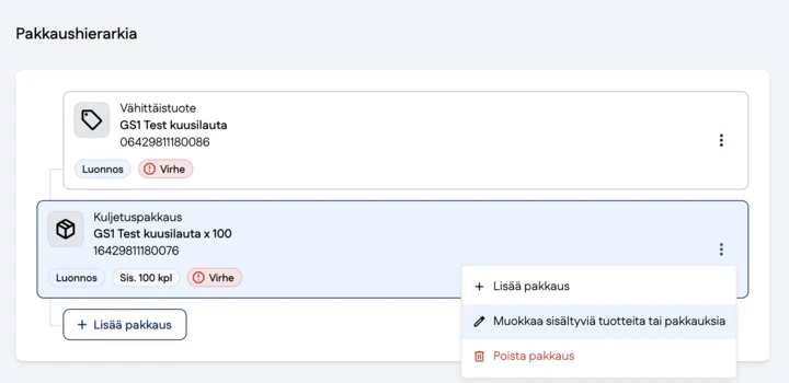 Kuvakaappaus pakkauksen sisällön muuttamisesta
