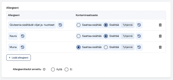 Kuvakaappaus GS1 Datasta allergeenit
